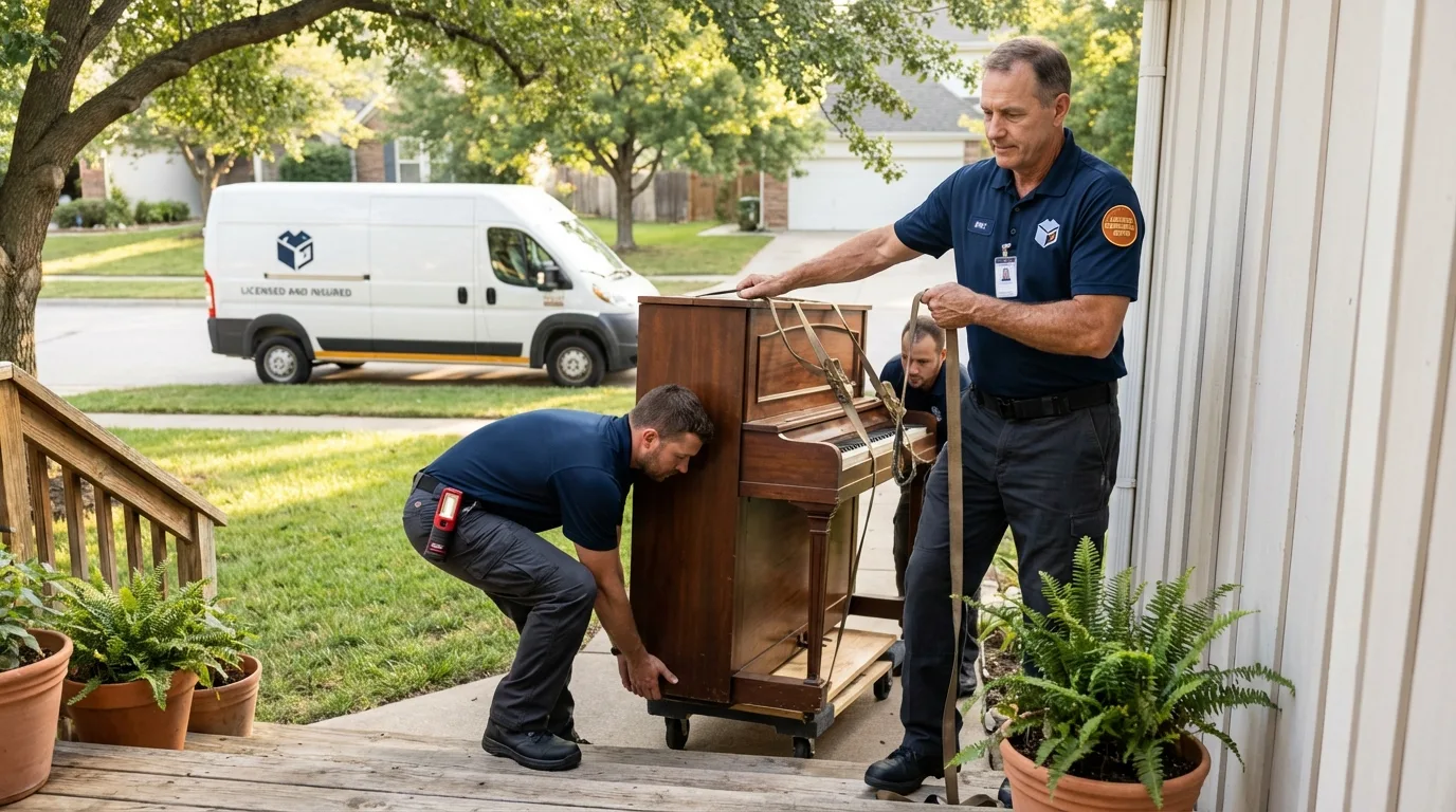 Licensed piano movers securing grand piano in Rosebud, SD