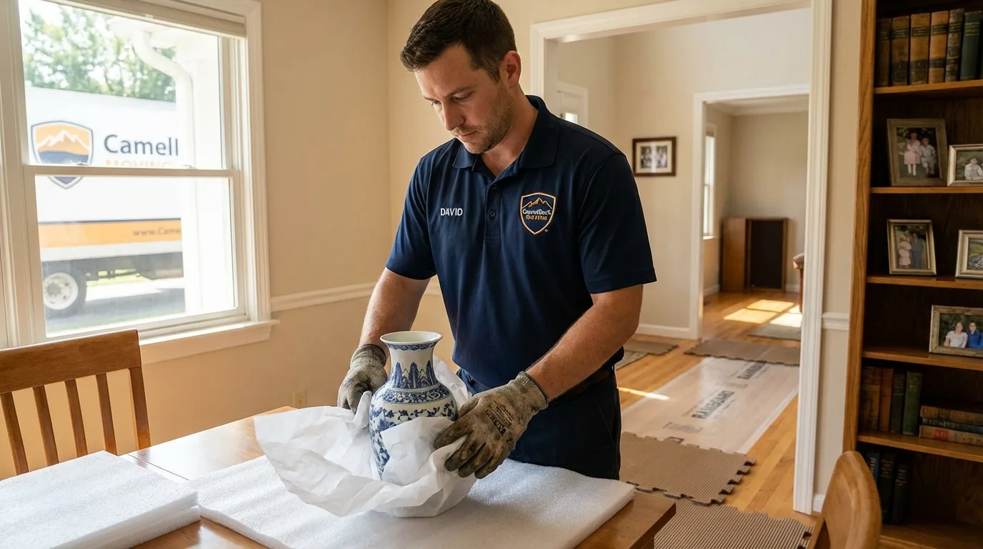 Professional crew carefully wrapping antique vase for senior downsizing move in Rosebud, SD